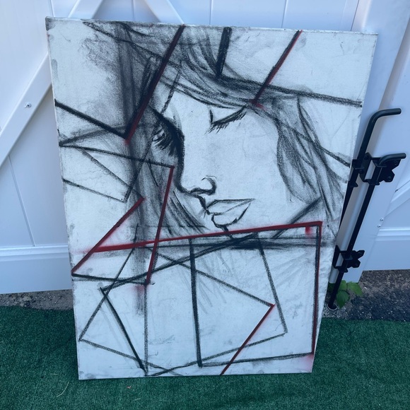 Abstract Charcoal Portrait on Canvas – Modern Geometric Woman Face Wall Art